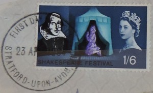An envelope posted in Stratford on the first day of the Shakespeare stamps