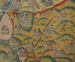 Part of the Sheldon map of Worcestershire, showing a corner of Oxfordshire