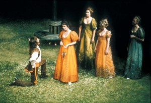Berowne (!an Richardson) kneels before Rosaline (Estelle Kohler). Behind her is the Princess, played by Susan Fleetwood and her ladies