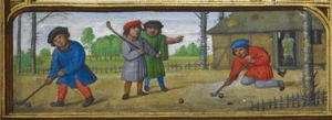 A miniature of four men playing a game resembling golf, at the bottom of the calendar page for September (London, British Library, MS Additional 24098, f. 27r).
