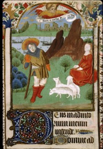 Annunciation to the Shepherds, book of hours (Bibliotheque Sainte-Genevive in Paris, c. 1433-1465