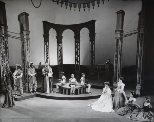 The Merchant of Venice, 1953. Includes John Bushelle as the Prince of Morocco, Anthony Adams, Robert Scroggins and James Morris as the pages, Peggy Ashrcoft as Portia, Marigold Charlesworth as Nerissa. Photographer Angus McBean