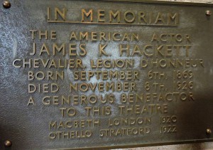 The plaque to James K Hackett at the RST