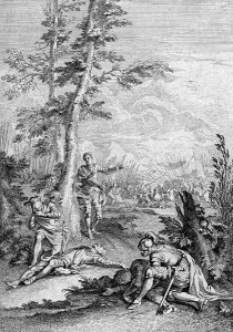 Francois Gravelot's engraving showing the father who has killed his son and the son who has killed his father 