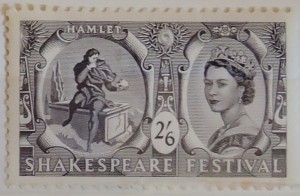 The highest denomination stamp showing Hamlet and the skull