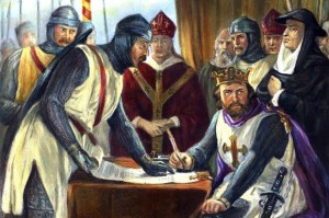 A nineteenth-century engraving showing a grumpy King John signing Magna Carta (in fact it was not signed)