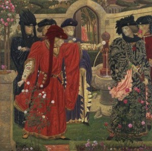 Study by Henry Arthur Payne for his painting Plucking the Red and White roses in the old Temple Garden.