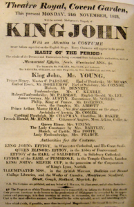 King John playbill 1823 promising "Habit of the period"