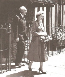 Queen Elizabeth II leaving Shakespeare's Birthplace on her first visit to Stratford as reigning monarch, 1957.