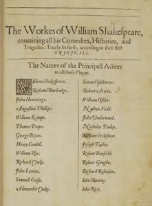 The list of actors in the First Folio including Shakespeare, Heminges and Condell