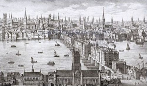 London Bridge in an engraving by Visscher in 1616