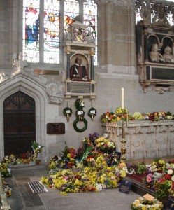 Shakespeare's grave and monument surrounded by flowers